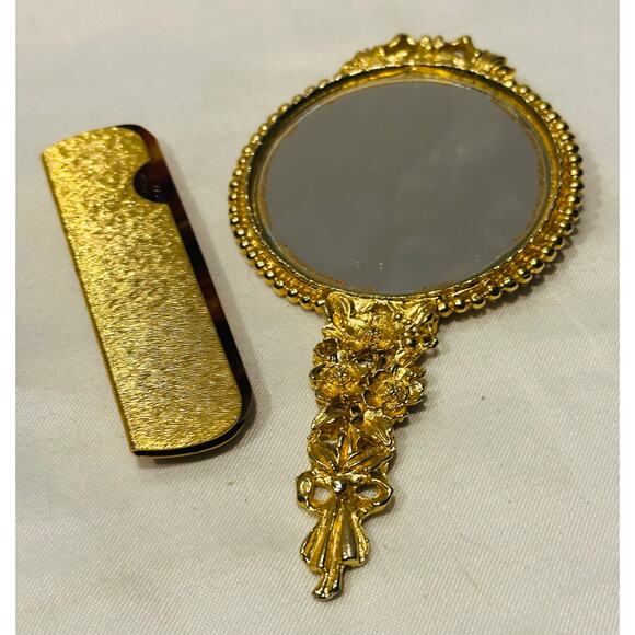 MIRELLA Ornate Gold Plated Hand Mirror and Travel Comb Set vanity set Vtg - Picture 7 of 9